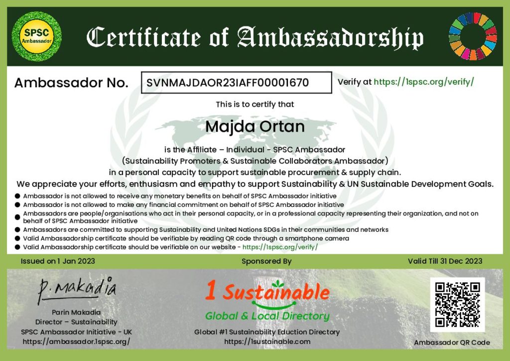 Certificate Majda Ortan ing UN sustainability goals Ambasador 1675597527822 1024x724 -