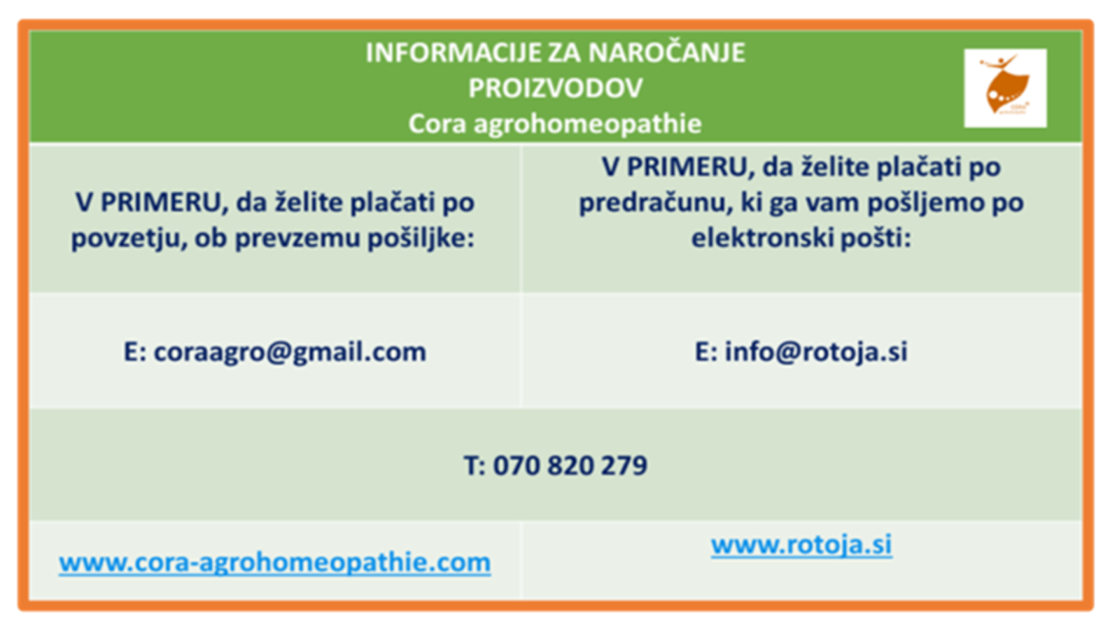 INFORMACIJE ZA NAROCANJE PROIZVODOV Cora agrohomeopathie www.cora agrohomeopathie.com www.rotoja.si  -